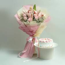 Strawberry Cake Paired with Exotic flower Bouquet