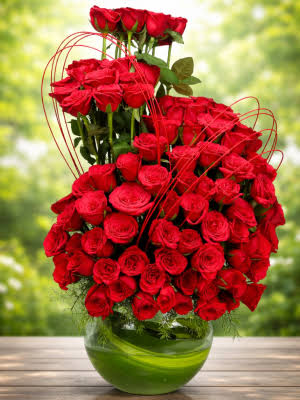 Stunning 75 Red Roses melded in a Glass vase