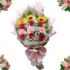 Stunning Pink Carnations with Sunflowers & Red Roses Bouquet