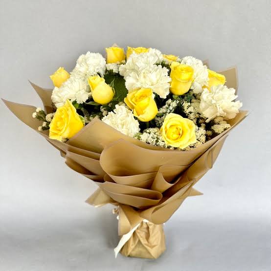 Stunning Yellow Roses with White Carnations bunch