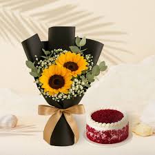 Sunflower bouquet and Red Velvet cake