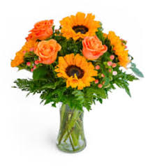 Sunflowers with Orange Roses in Vase