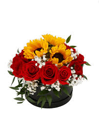 Sunflowers with Red Roses in a Black box