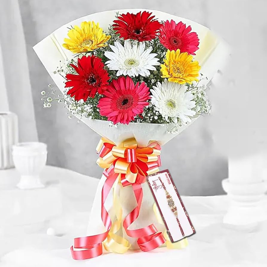 Varicolored Gerberas Bouquet With embellished Rakhi,