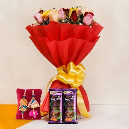 Variegated Roses Bouquet with fancy Rakhi's and Delicious Dairy Milk Silk Chocolates