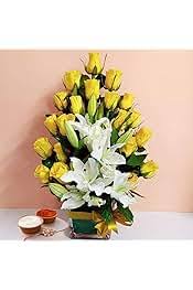 Vase arrangement with White Lilies and Yellow Roses Paired Designer Rakhi combo