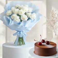 White Carnations Bunch Paired with Chocolate cake