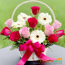 White Gerbera with Red and Pink Roses in Basket.