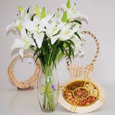 White Lilies in vase & Assorted Dry fruits