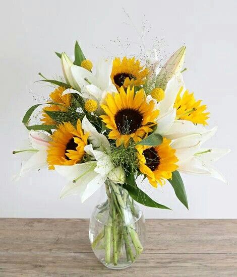 White Lilies Paired with Sunflowers in vase