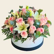 White Lilies Pink Roses Box Arrangement