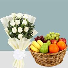 White Roses Bouquet added with Fresh Seasonal Fruits