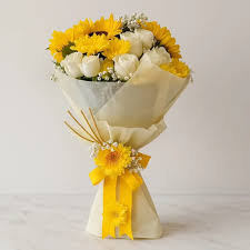 White Roses with Yellow Chrysanthemum & Sunflowers Bouquet