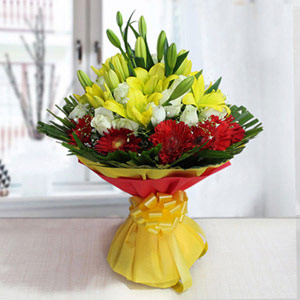 White Roses, Yellow Lilies, and Red Gerberas Bouquet