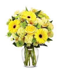 Yellow roses, gerberas, and carnations fused in a vase.