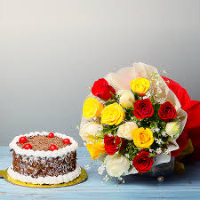 Yummy Black Forest Cake with Multicolored Rose Bouquet