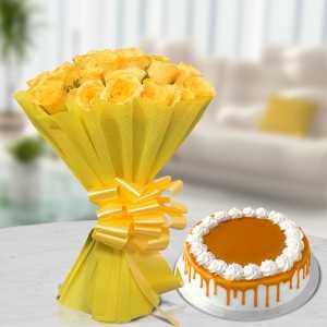 Yummy Choco Vanilla Cake with Yellow Rose Bouquet