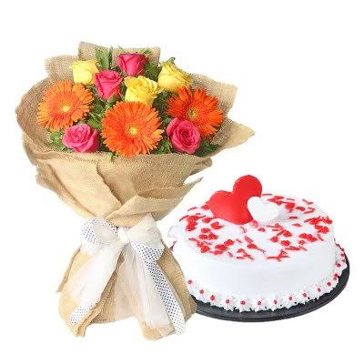 Yummy Vanilla cake with Multicolor Floral Bouquet